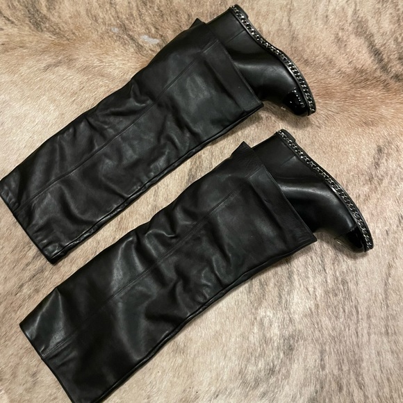 Chanel Foldover Knee High Cap Toe Chain Wedge Heel Boots - Picture 7 of 11